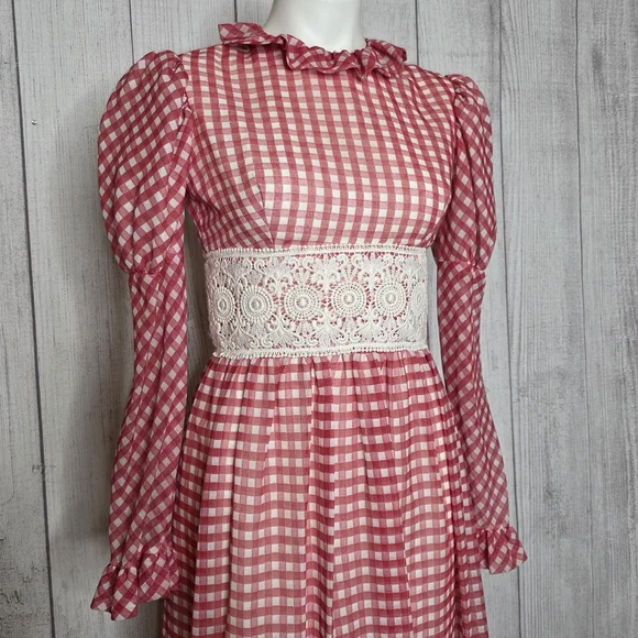 Vintage 70s Red & White Gingham Crochet Waist Prairie Maxi Dress, sz Small - Picture 1 of 6